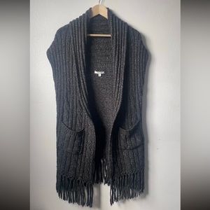 CAbi Sweater Vest Cardigan Long Cable Knit Fringe Pockets Dark Gray Small